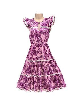 Sail To Sable Ric Rac Midi Dress Floral Lilac Toile Flutter Sleeve Flare Sz XXS